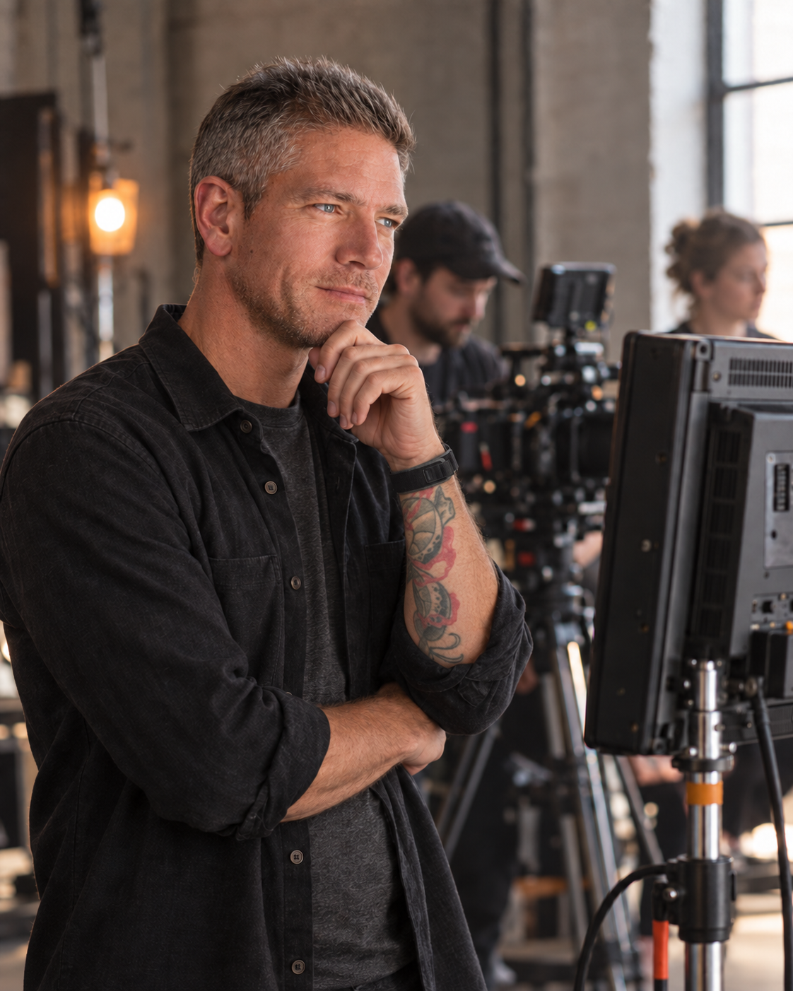 Editorial portrait of Jack Laster directing beside a production monitor